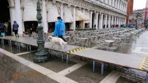 浸水するベネチアの街の仮設歩道