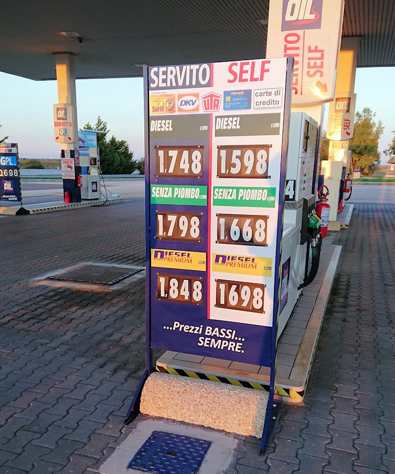 アルベロベッロに向かう途中のガソリンスタンドの値段表