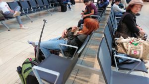 ローマ空港内で猫を抱える人
