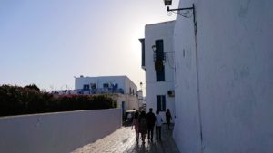 チュニジア：シディ・ブ・サイドで海岸に降りる道を進む