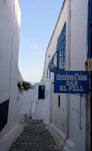 チュニジア：シディ・ブ・サイドで海岸に降りる道を進む1