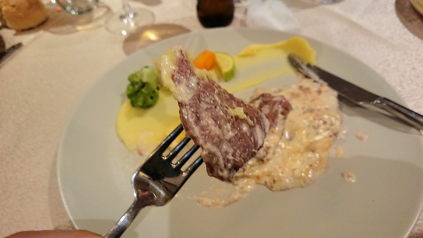 アルバニアで首都ティラナのホテル・インターナショナルで夕食をレストランで食べる9