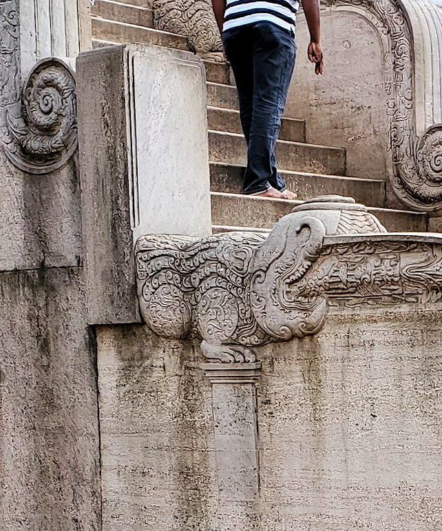 アヌラーダプラで祀られているスリー・マハー菩提樹前の階段に彫られているマカラという珍獣
