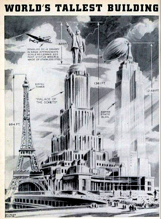 モスクワ市内に建設予定だった415ｍの高さを誇るソビエト宮殿の予定図